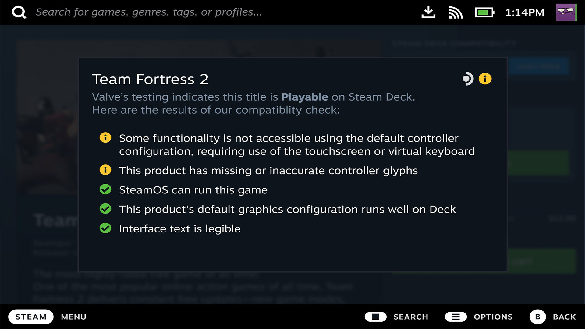 نمایش جزئیات سازگاری بازی Team Fortress 2 با استیم دک