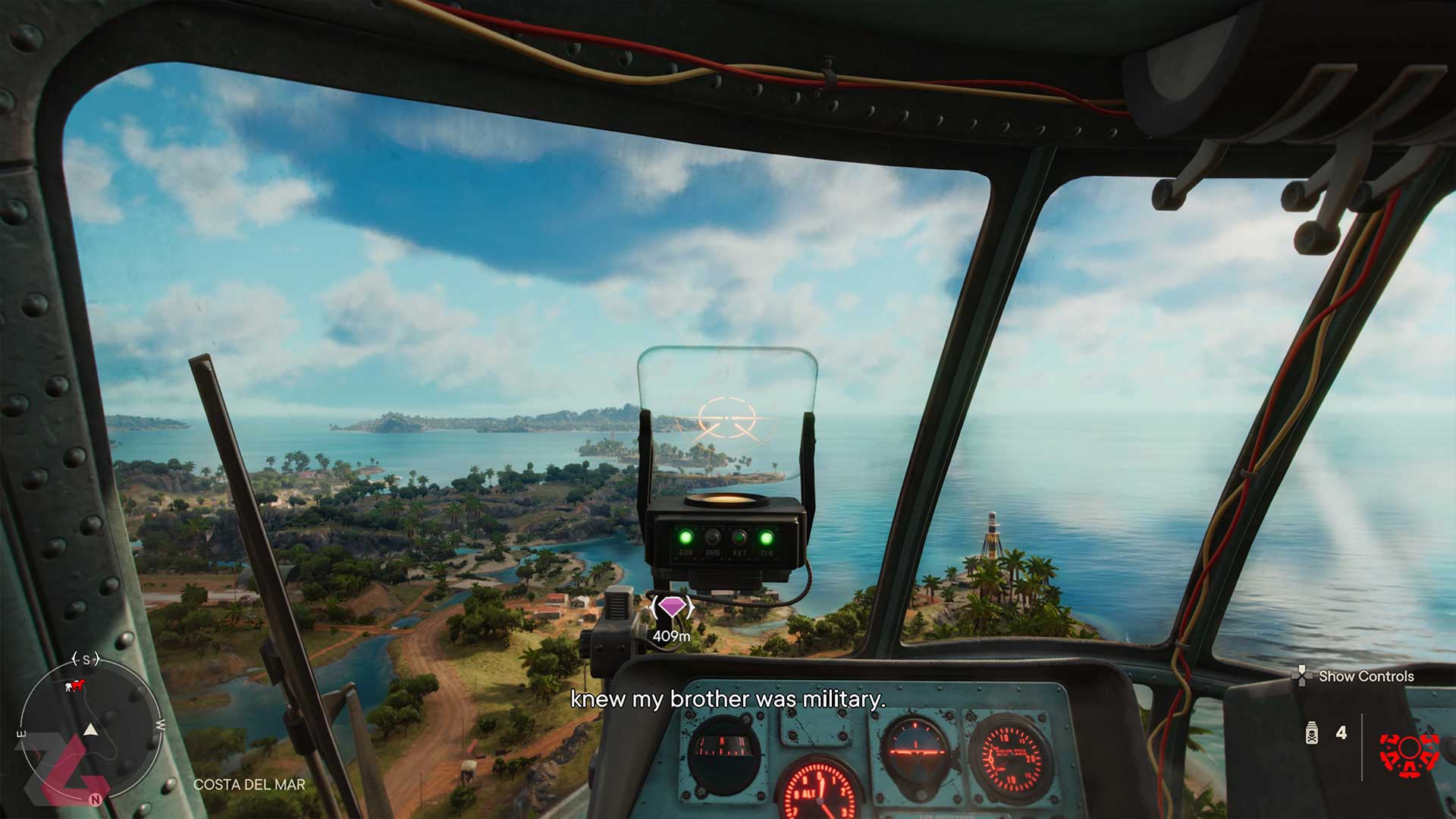 Fly by helicopter over the island in Ubisoft's Far Cry 6 game