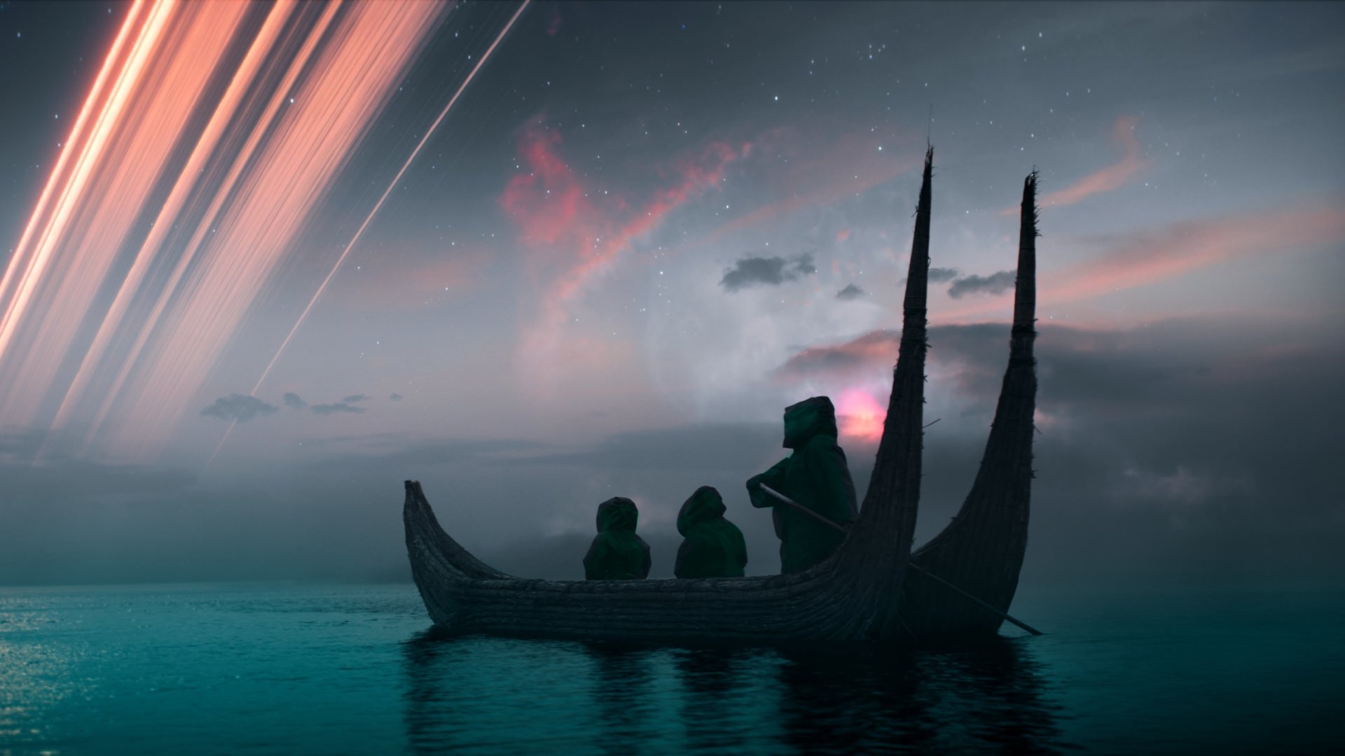 لو لوبل در نقش گیل دورنیک در قایق به همراه پدر و مادرش برای ترک سیاره محل زندگی خود در قسمت اول سریال Foundation 