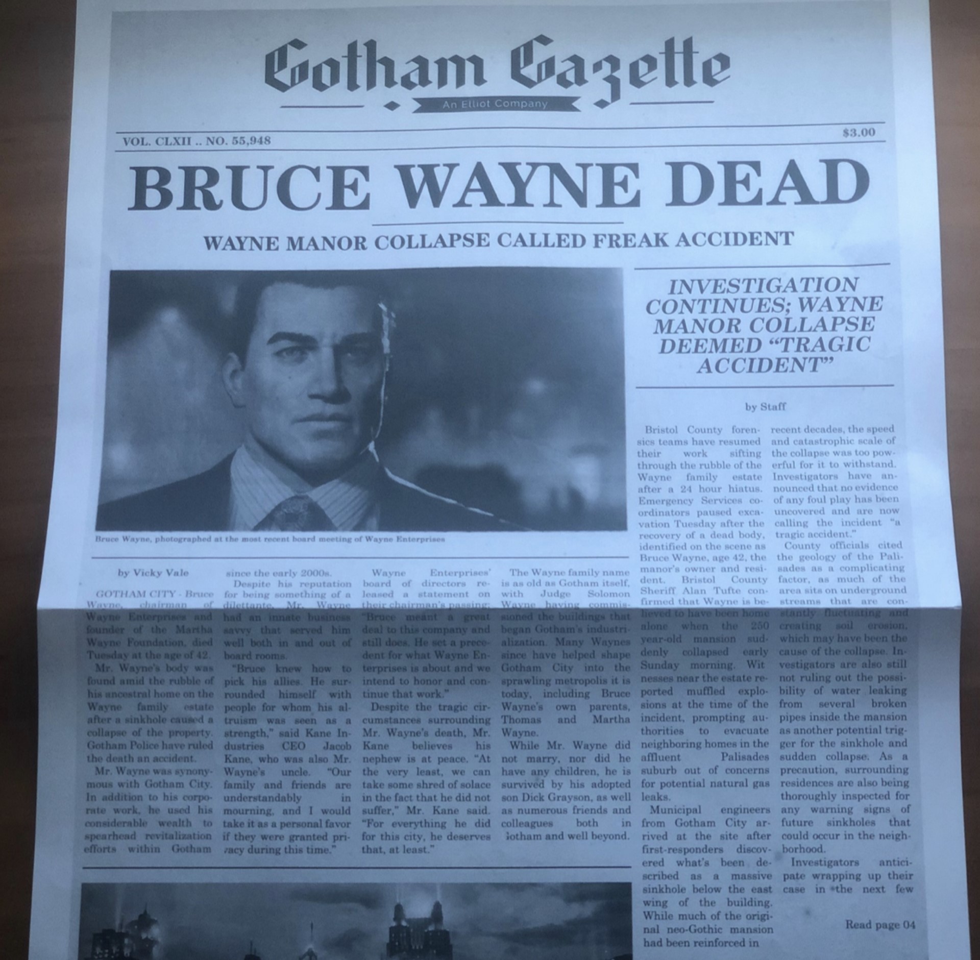 خبر کشته شدن بروس وین در روزنامه گاتهام گزت