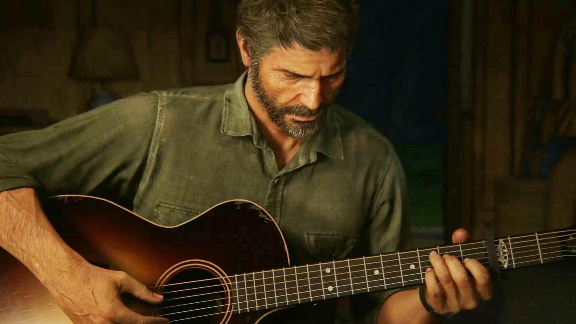 جوئل مشغول نواختن گیتار در بازی The Last of Us Part 2