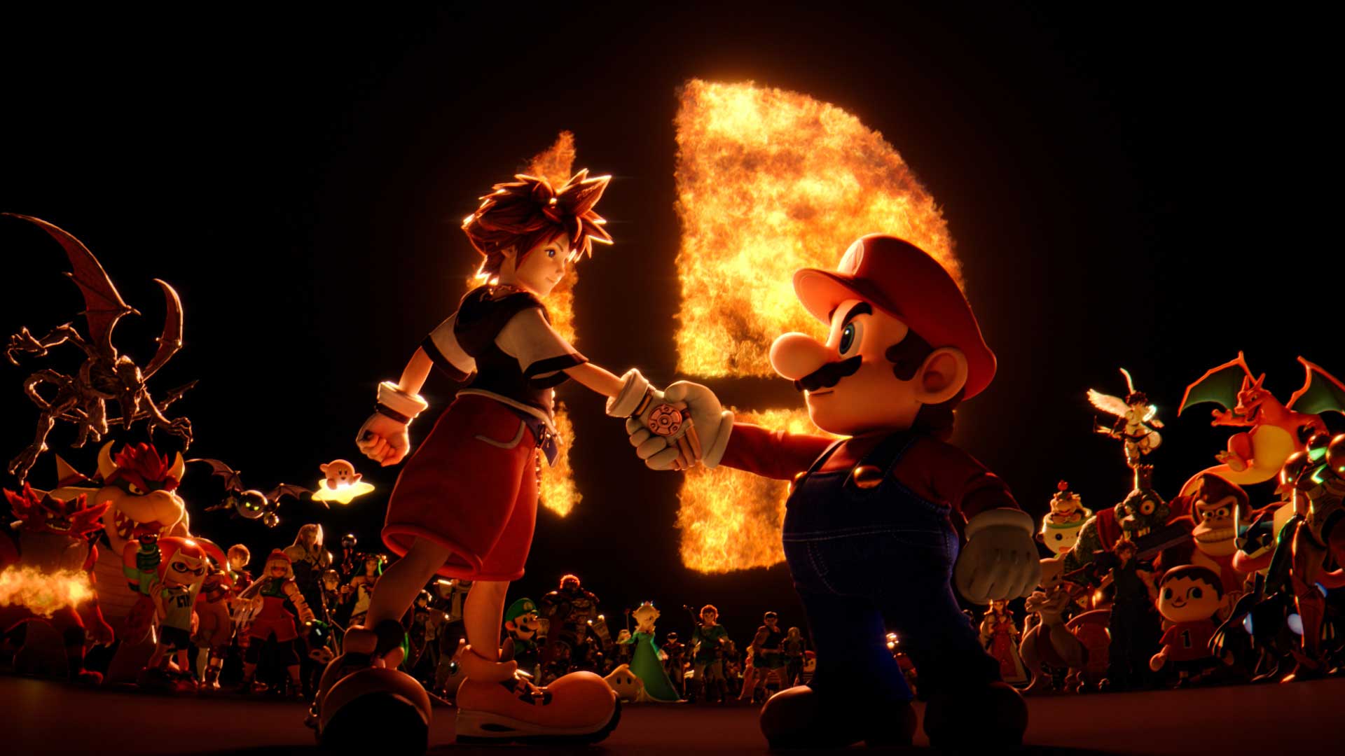 سورا از بازی Kingdom Hearts مشغول دست دادن با ماریو در بازی سوپر اسمش برادرز آلتیمیت