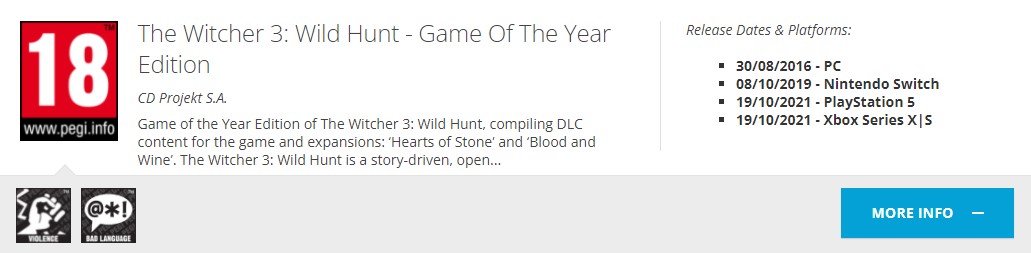 رده بندی سنی The Witcher 3: Wild Hunt – Game Of The Year Edition برای کنسول های جدید