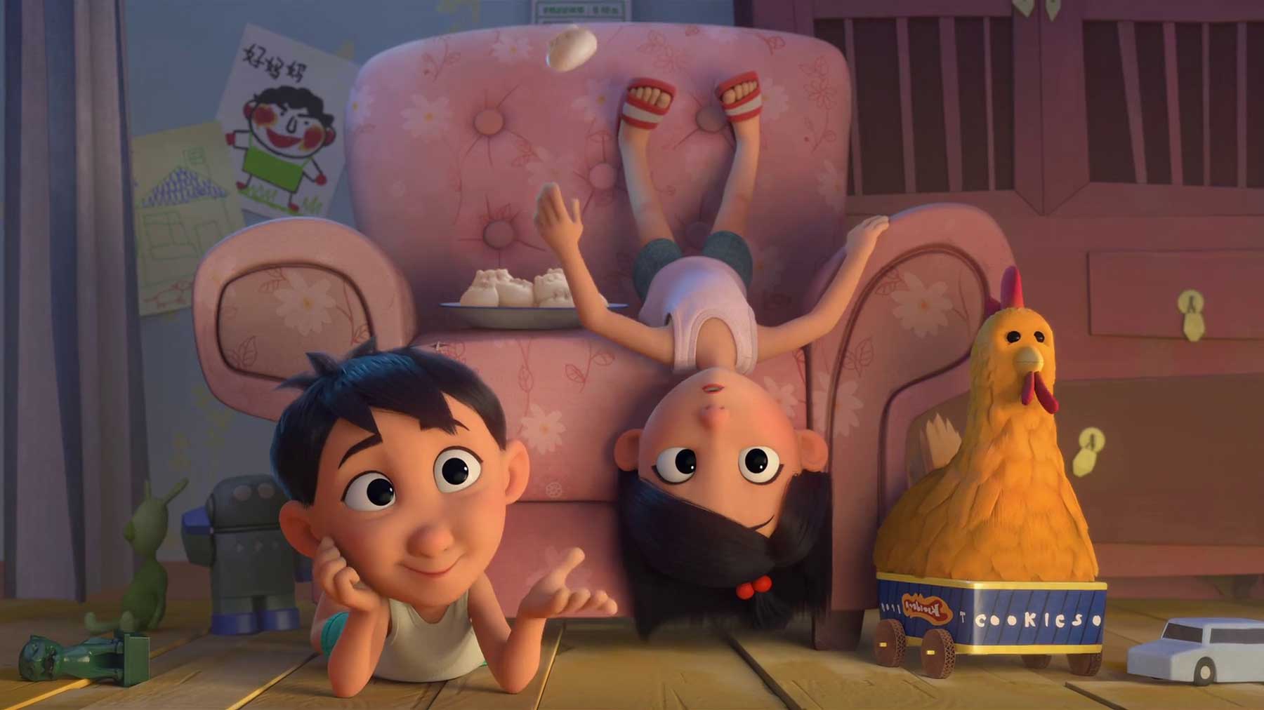 انیمیشن Wish Dragon و بچه ها مشغول تماشای تلویزیون در کنار یکدیگر