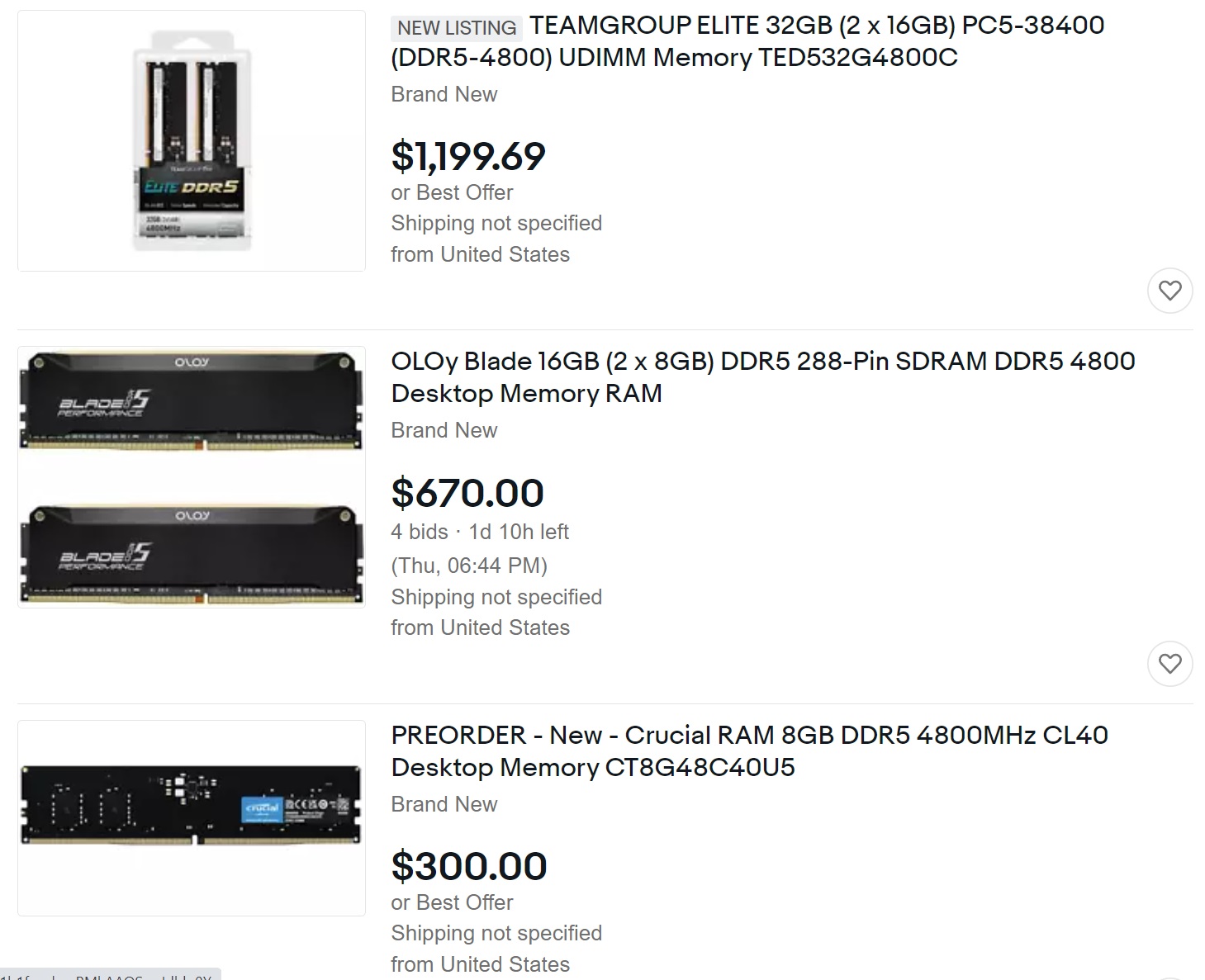 قیمت کیت حافظه DDR5 در eBay