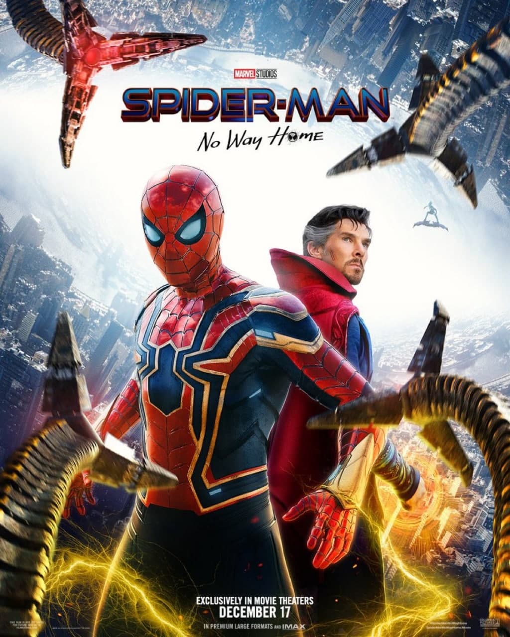 مرد عنکبوتی با بازی تام هالند و دکتر استرنج با بازی بندیکت کامبربچ با نشانه‌هایی از حضور شخصیت‌های دکتر اختاپوس، گرین گابلین و الکترو در پوستر جدید فیلم Spider-Man: No Way Home