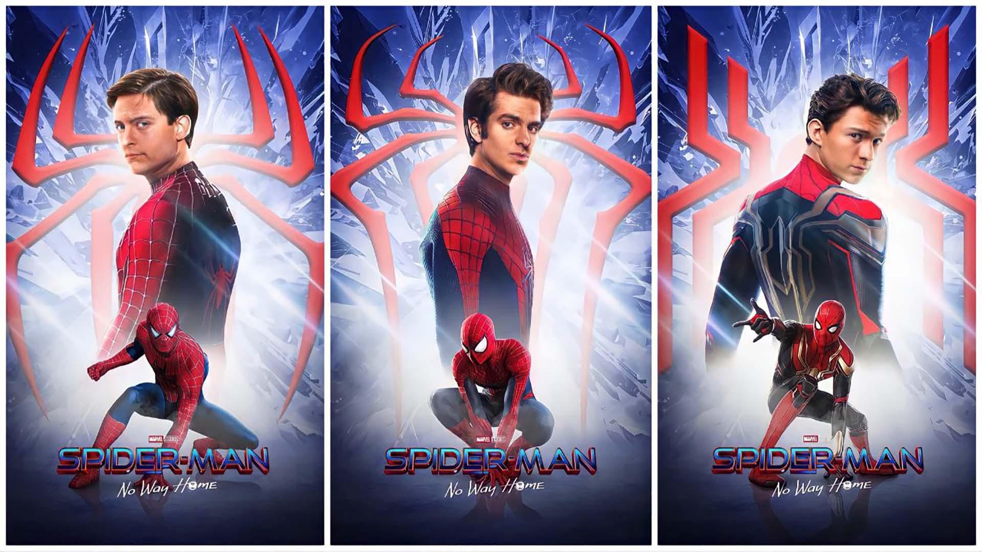 سه نسخه متفاوت مرد عنکبوتی با بازی تام هالند، اندرو گارفیلد و توبی مگوایر در فن آرت فیلم Spider-Man: No Way Home