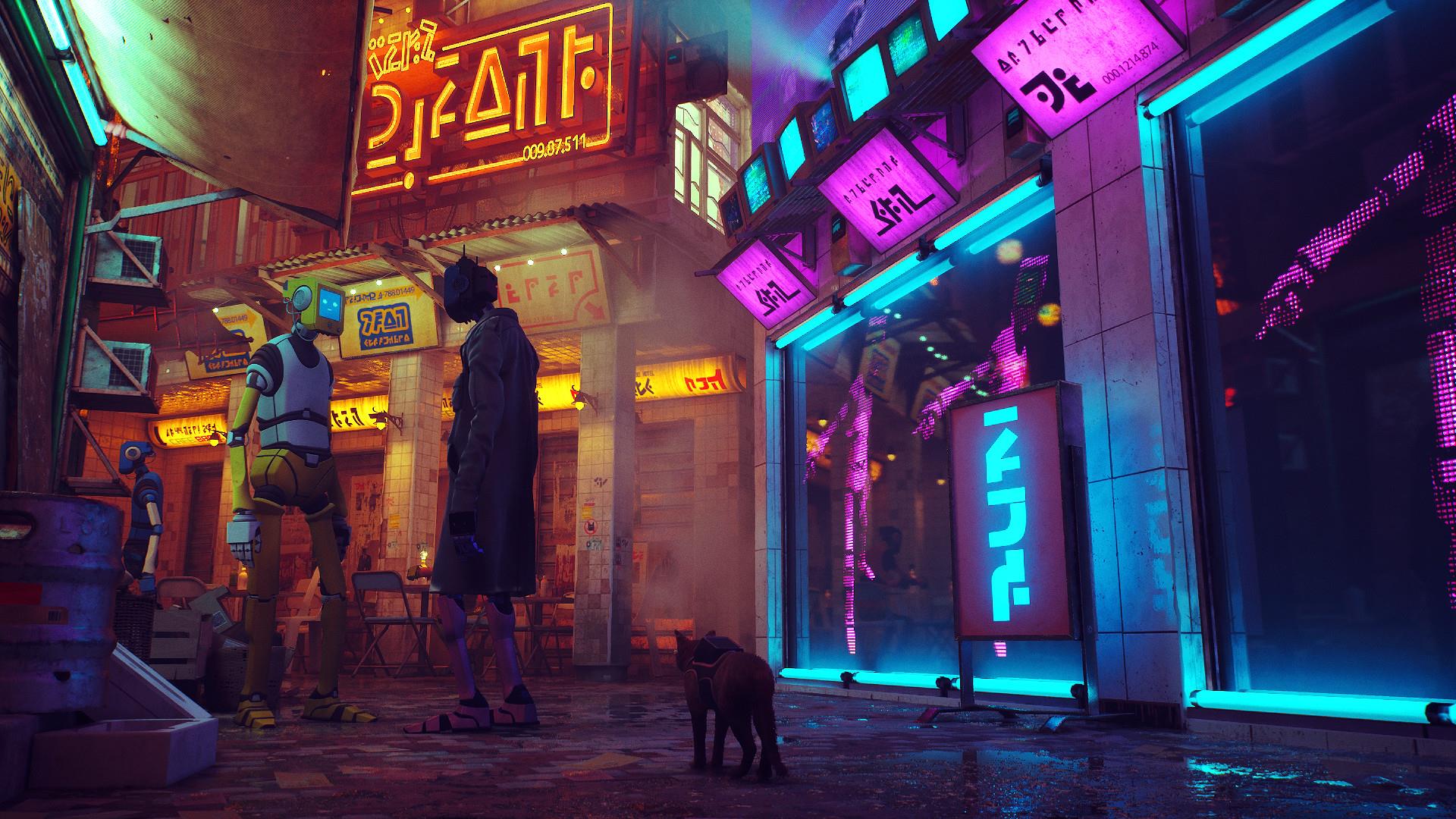 گربه در حال راه رفتن درون شهر ربات‌ها در بازی Stray