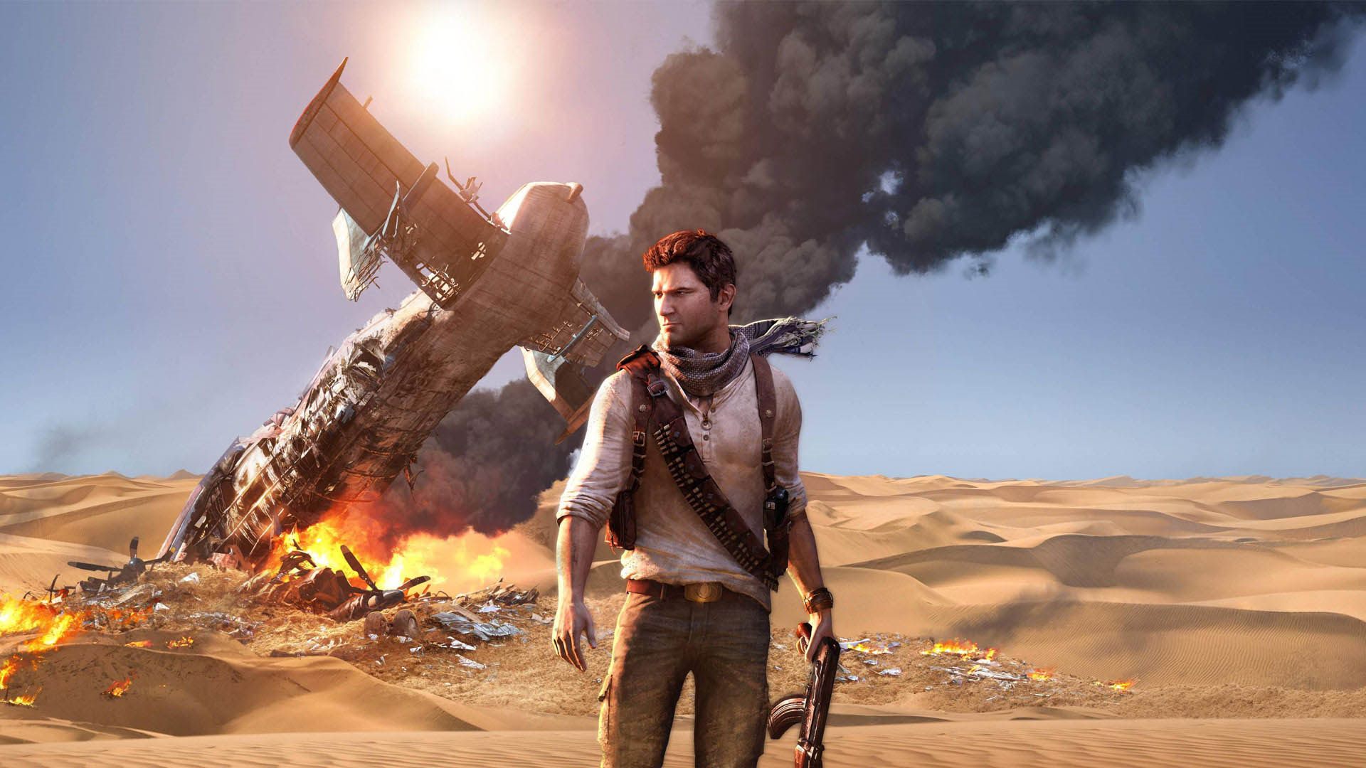 نیتن دریک در کنار هواپیمای آتش گرفته در بیابان در بازی Uncharted 3: Drake's Fortune