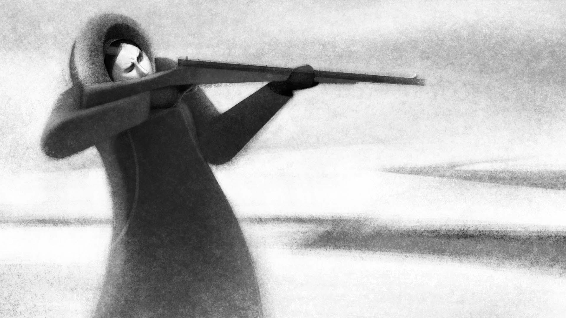 زنی در برف و بوران در انیمیشن Ada در حال نشانه‌گیری با اسلحه