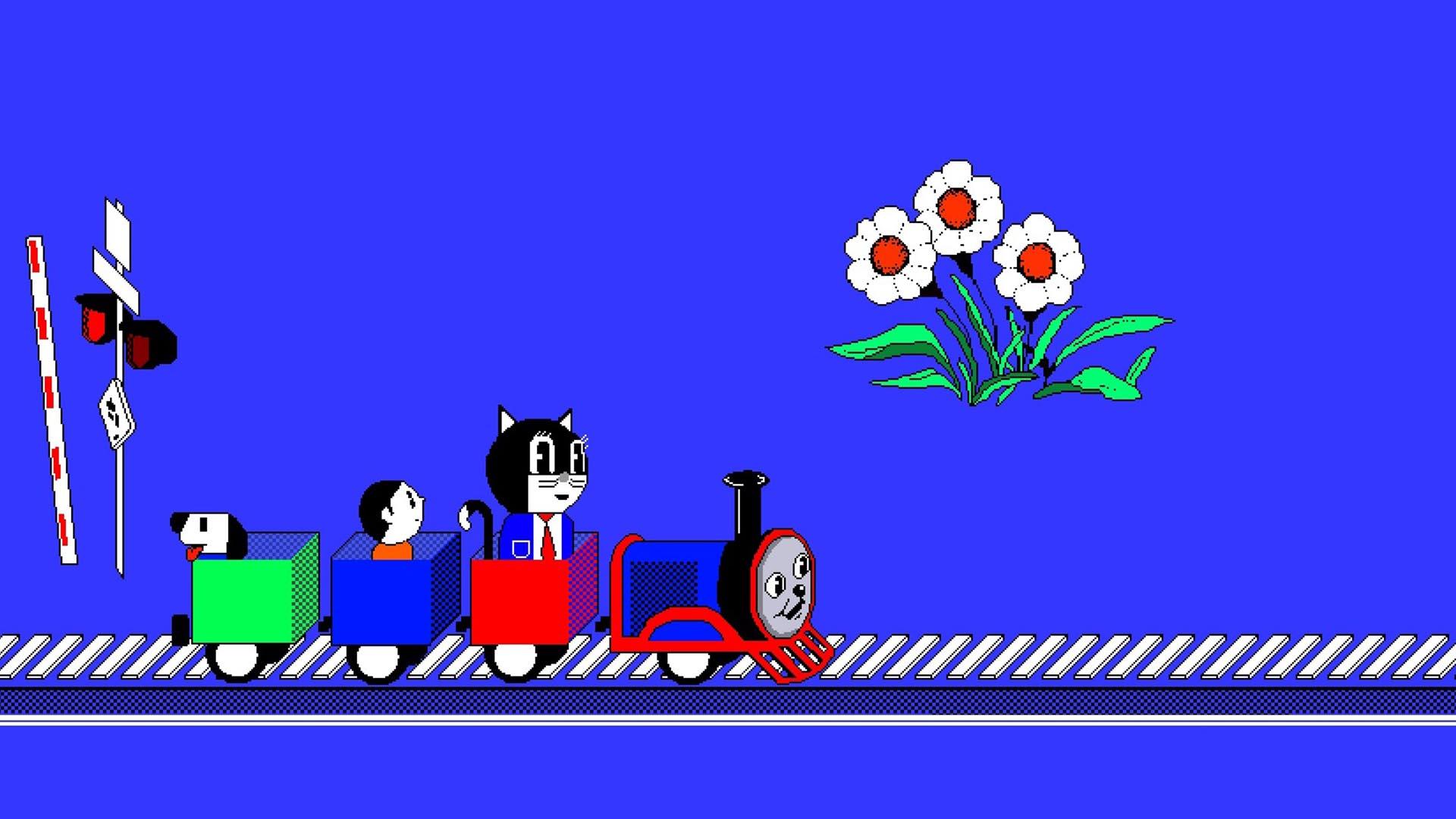 پسربچه‌ای به همراه یک گربه و سگ روی قطار در انیمیشن Black Sheep Boy