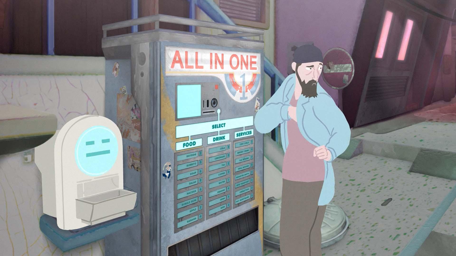 مردی در انیمیشن کوتاه Change Return در حال خرید از دستگاه