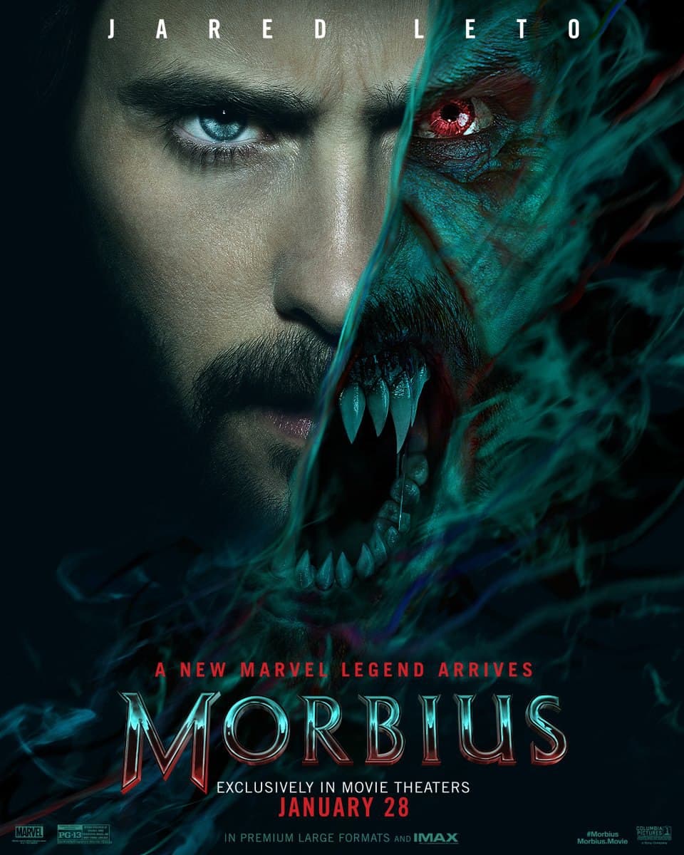 پوستر جدید فیلم Morbius با بازی جرد لتو درکنار صورت خون آشامی او