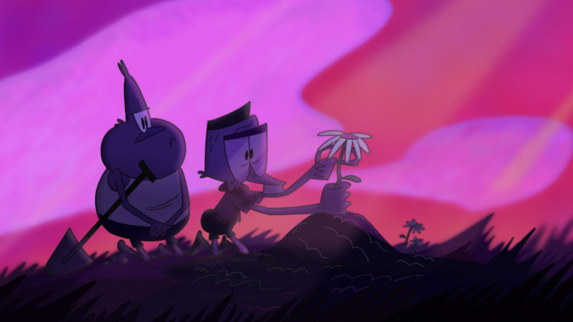 دو دوست/دشمن در حال خاک کردن یک قورباغه در انیمیشن Mushroom Park