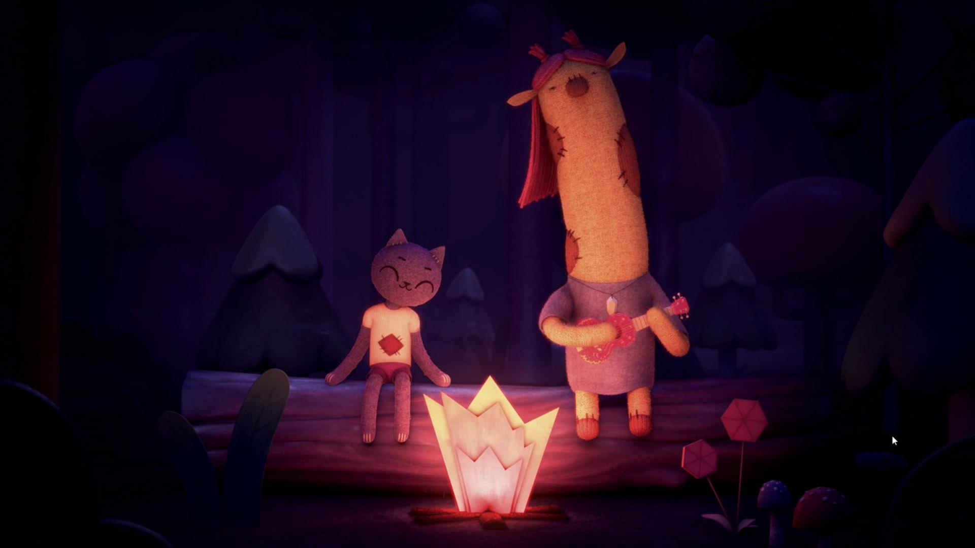 دو عروسک در انیمیشن Stuffed در کنار آتش آهنگ می‌زنند