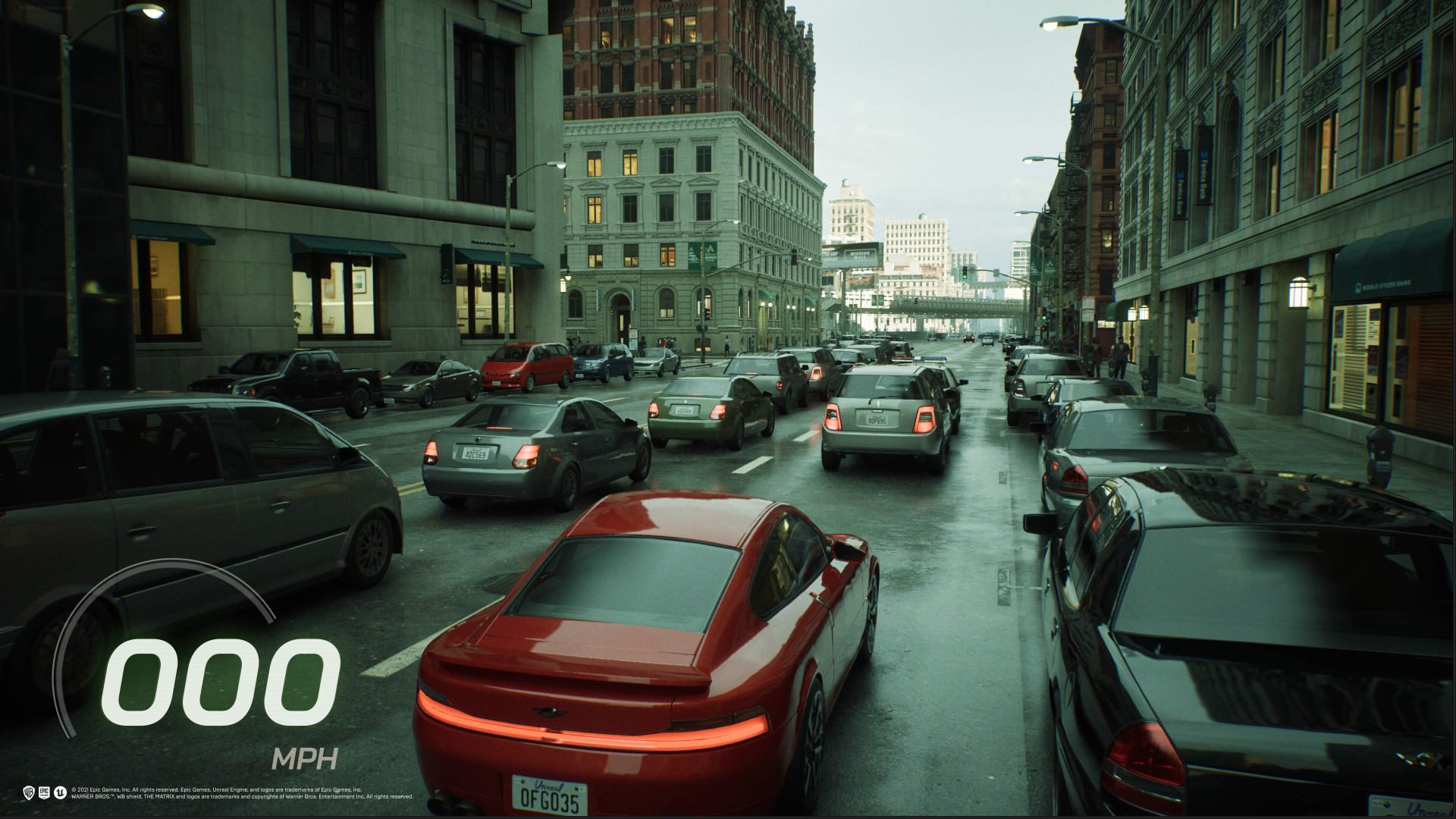 ماشین‌ها در حال حرکت در خیابان در دمو قابل بازی The Matrix Awakens