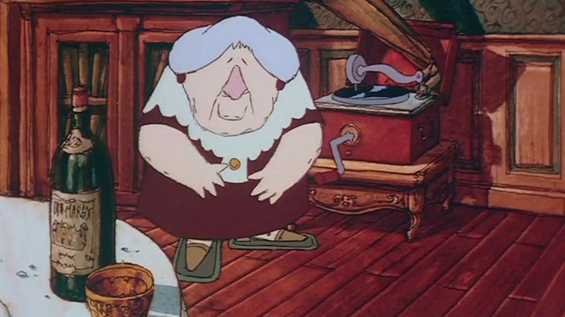 پیرزن بامزه‌ای در کنار گرامافون در انیمیشن کوتاه The Old Lady and the Pigeons