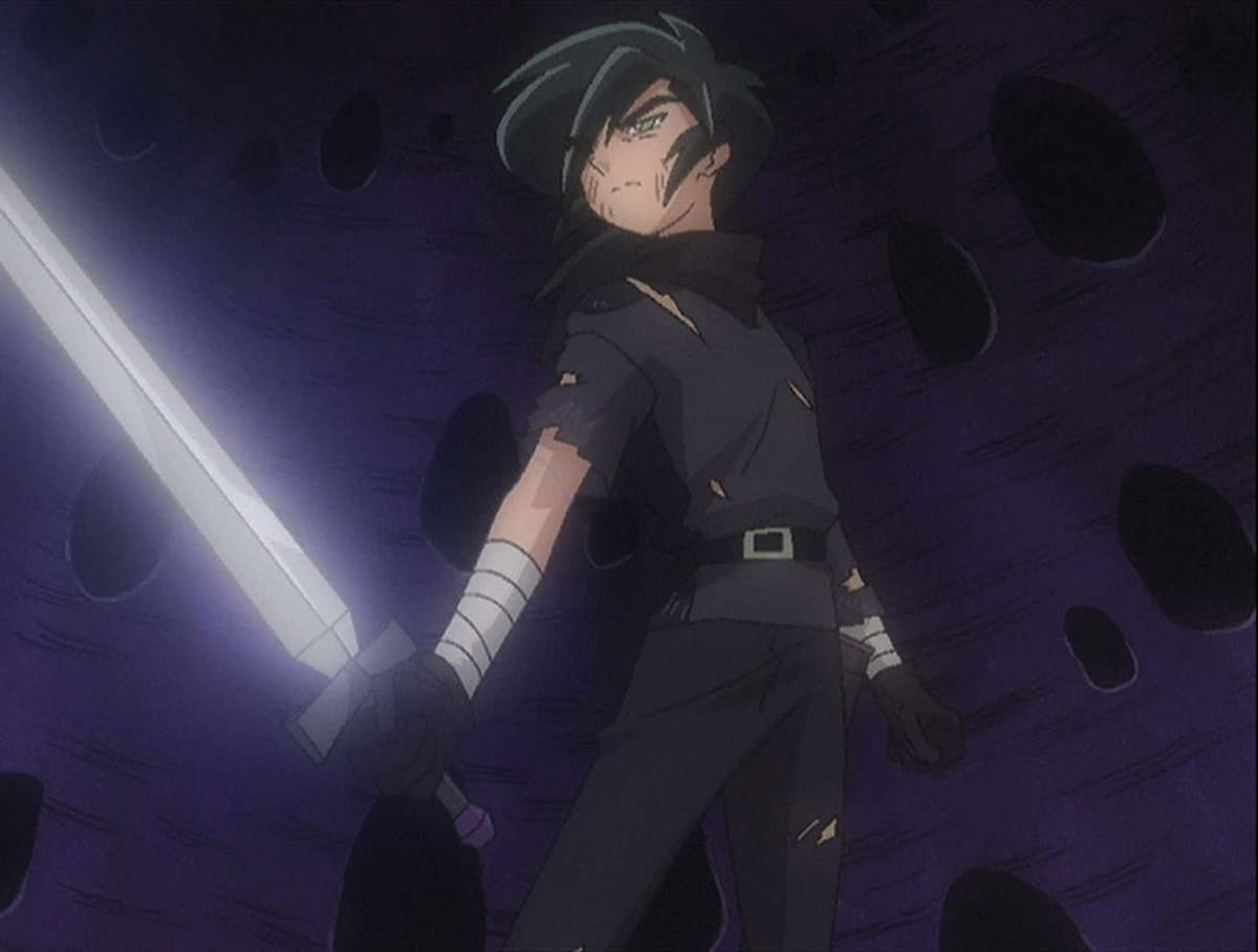 پسر با موهای سیاه آماده مبارزه با شمشیر درخشان در انیمه Princess Tutu