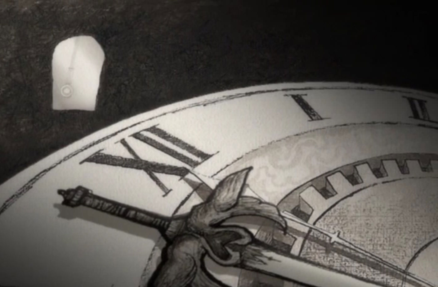 عقربه های ساعت با اعداد رومی در تصویر سیاه و سفید انیمه Princess Tutu