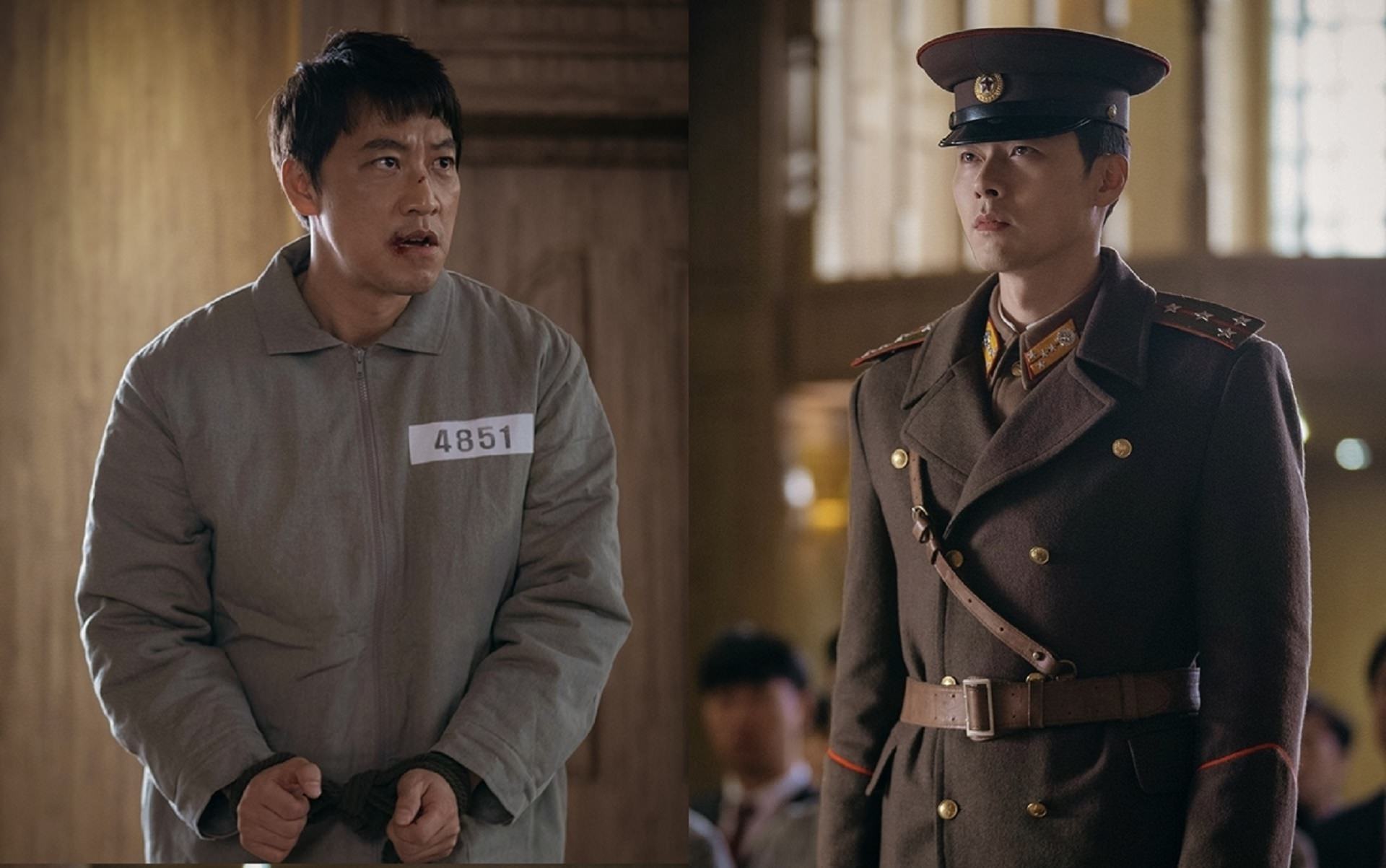 سرباز کره شمالی با بازی هیون بین در حال شهادت دادن علیه مجرم در سریال سقوط ناگهانی روی تو