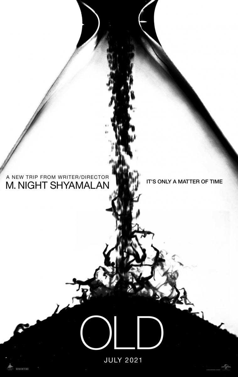 پوستر هنری فیلم Old ام نایت شیامالان با نمایش سقوط انسان ها در ساعت شنی