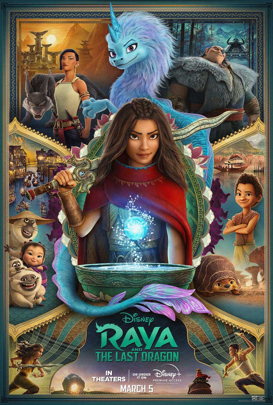 دختر مبارز شجاع با شمشیر بزرگ و اژدهای بامزه آبی در پوستر انیمیشن انیمیشن Raya and the Last Dragon دیزنی