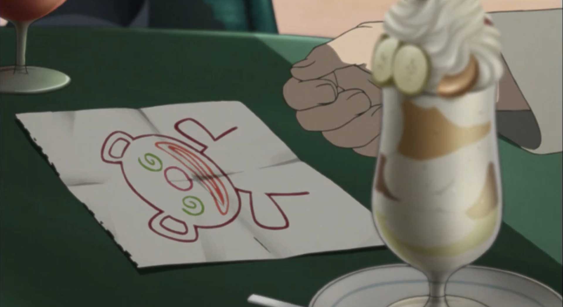 نقاشی خرس خوشحال روی میز سبز کافه بستنی در انیمه پارانویا ایجنت به نویسندگی سیشی میناکامی