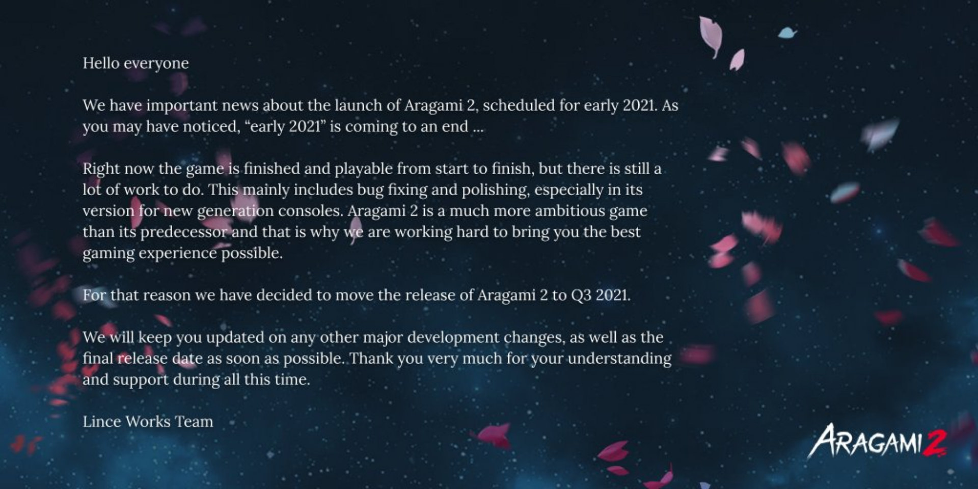 بیانیه تاخیر بازی aragami 2