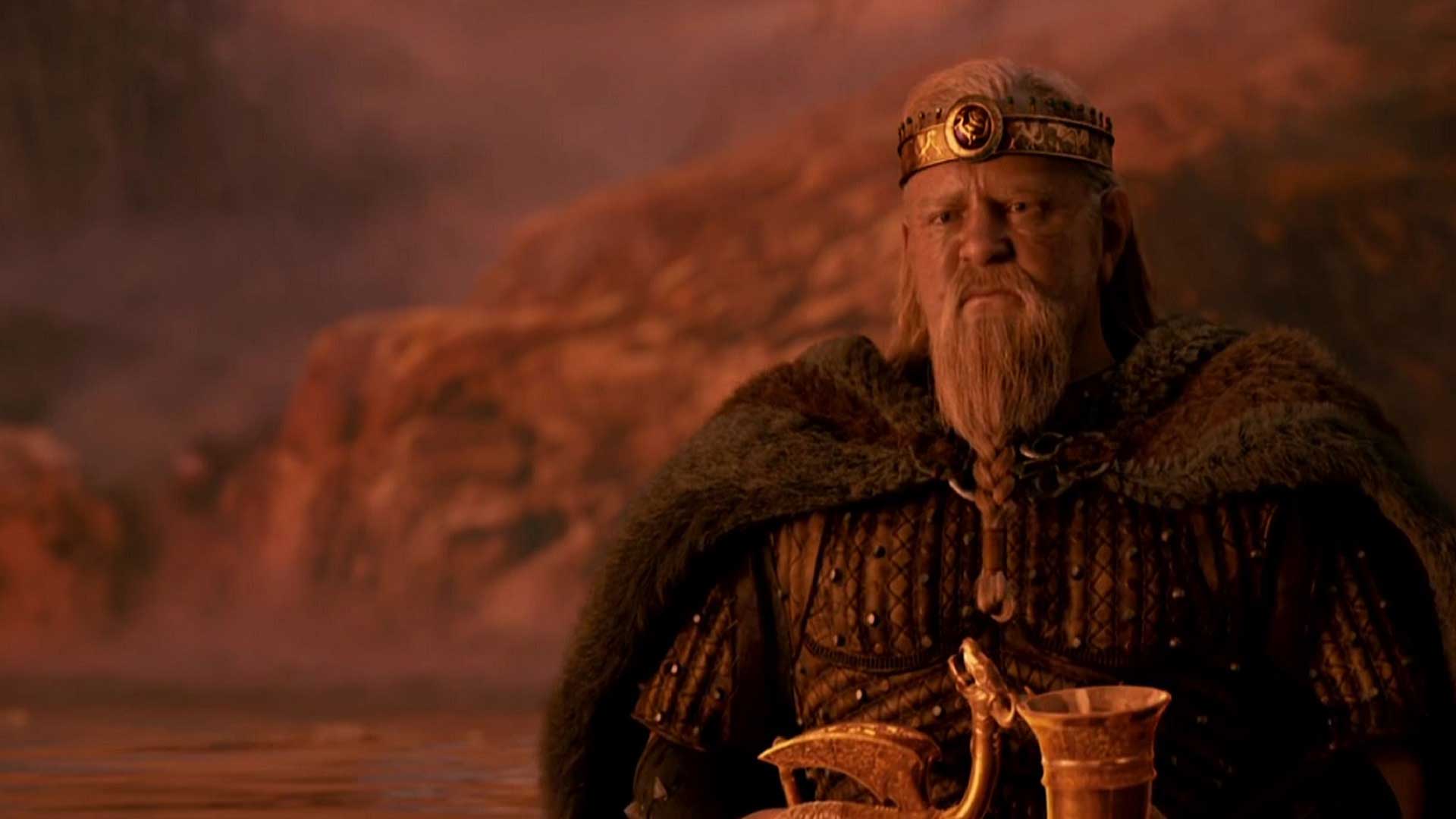 چهره پادشاه پیر در فیلم Beowulf رابرت زمکیس با تاج طلایی