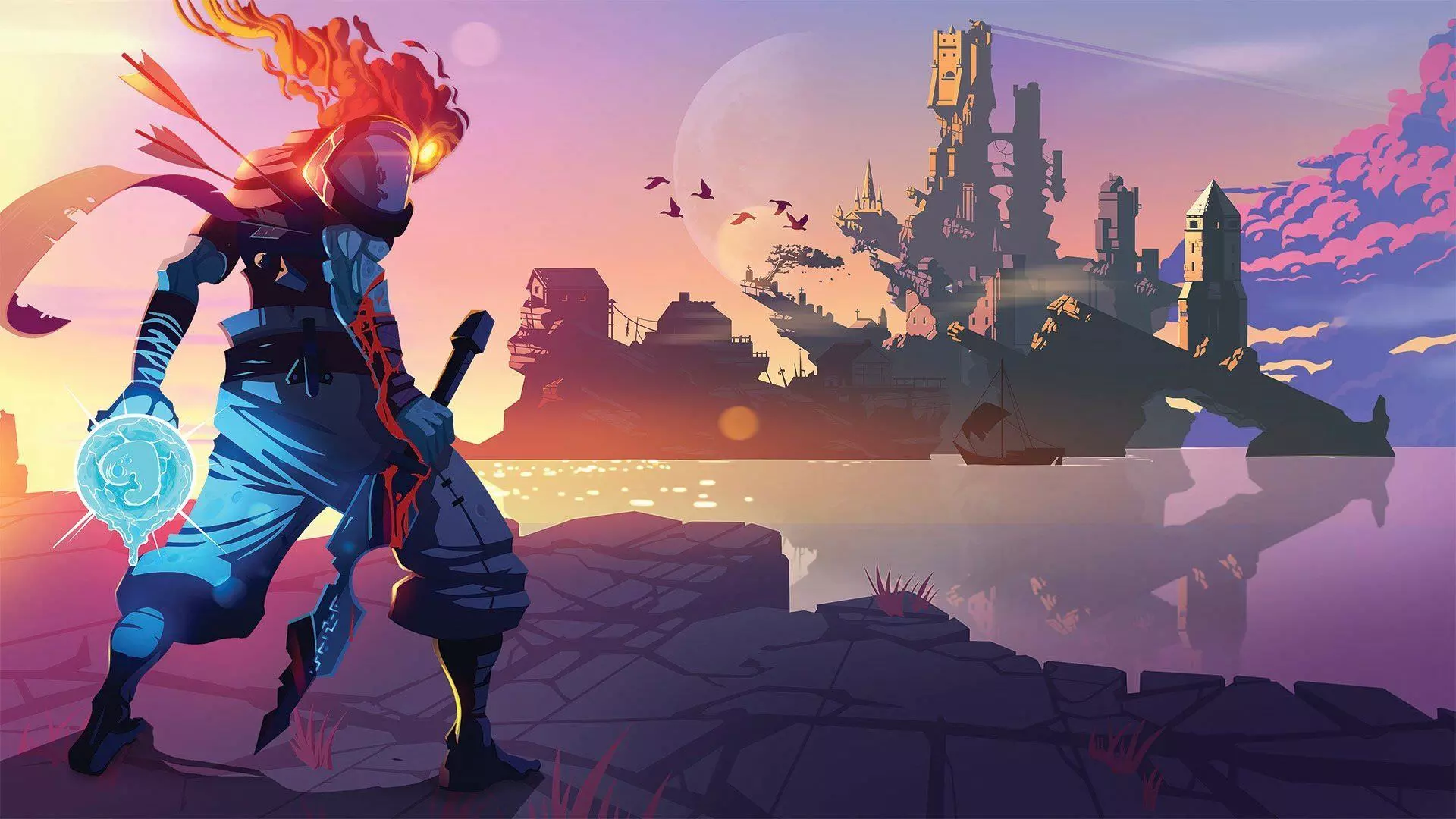 The main character of Dead Cells next to the castle