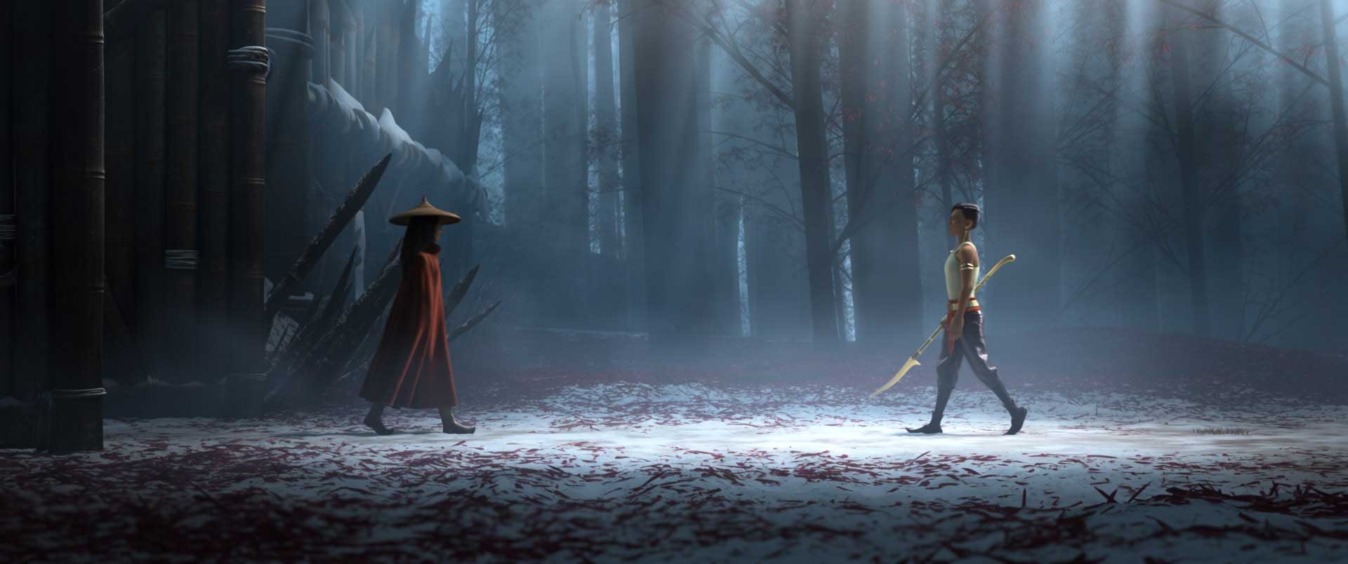 نبرد دو شخصیت با سلاح های قدیمی به سبک سامورایی ها وسط جنگل انیمیشن رایا و آخرین اژدها