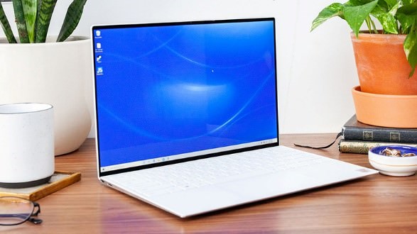 لپ تاپ سفید در کنار گلدان و میز قهوه‌ای