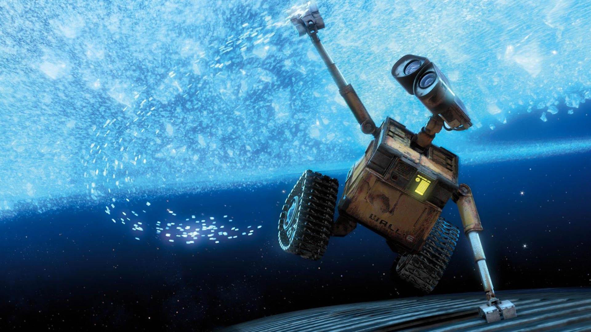 شخصیت وال-ای درحال لمس کردن ستارگان در فضا در فیلم Wall-e