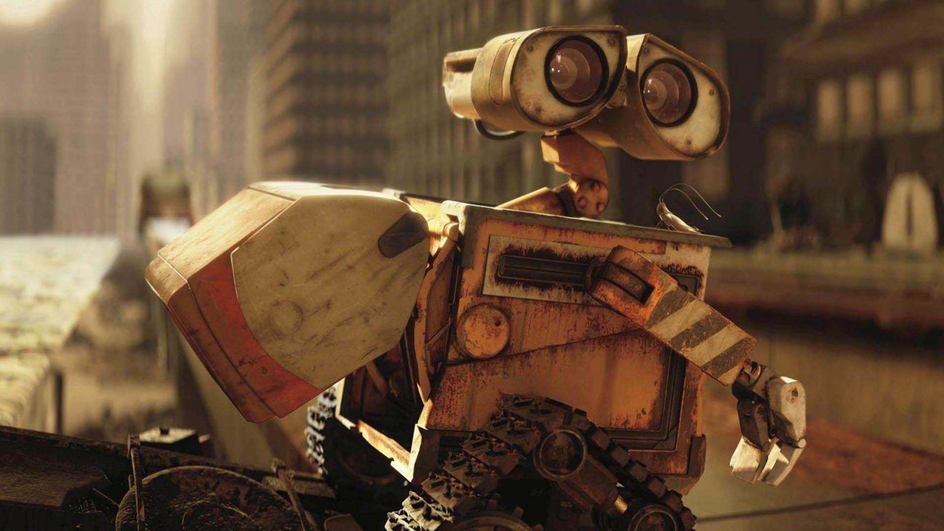 وال-ای به‌همراه دوست و همراه همیشگی خود در وسط یک خیابان در فیلم Wall-e