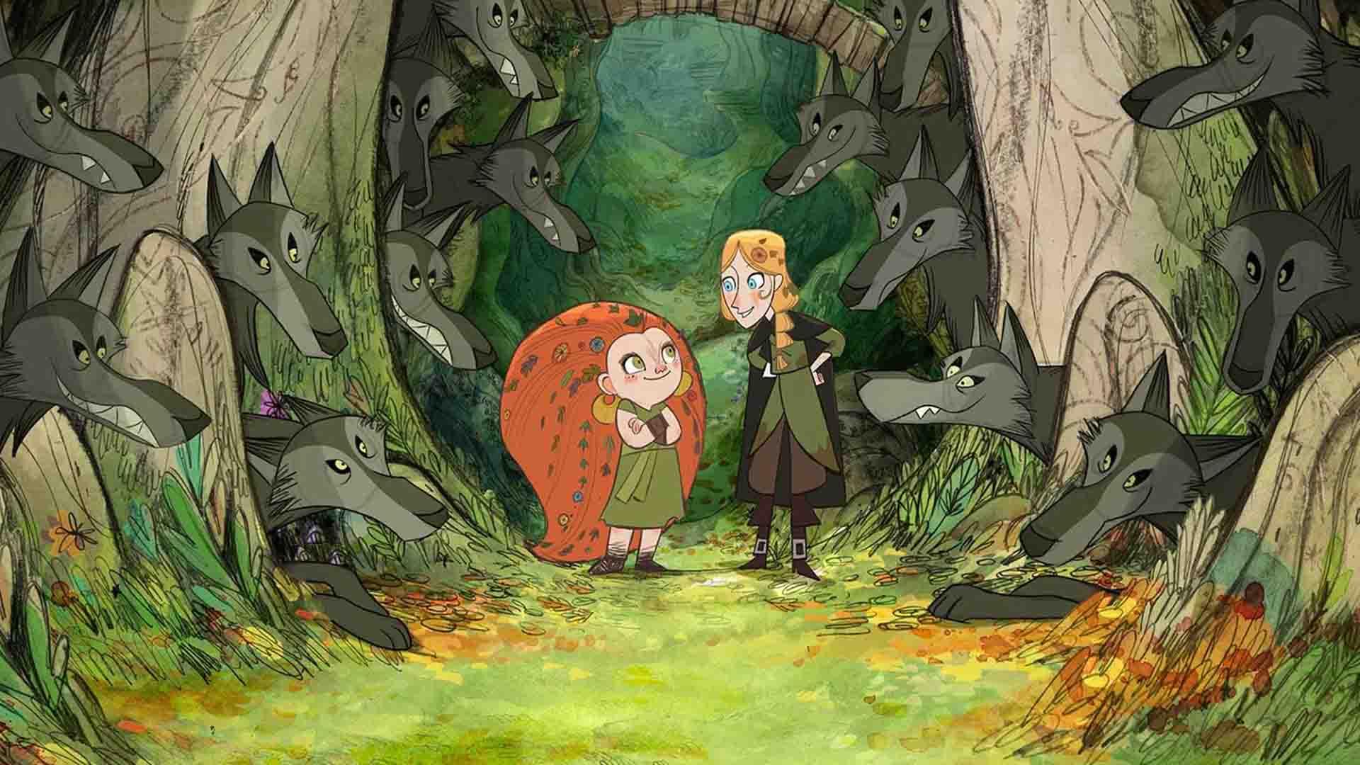 شخصیت رابین به همراه میب در جنگل و میان گرگ‌ها در انیمیشن Wolfwalkers