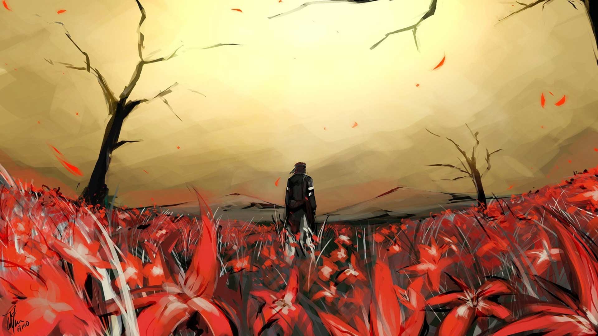 اسنیک در میان گل های قرمز در تصویر هنری بازی متال گیر سالید 3 هیدئو کوجیما