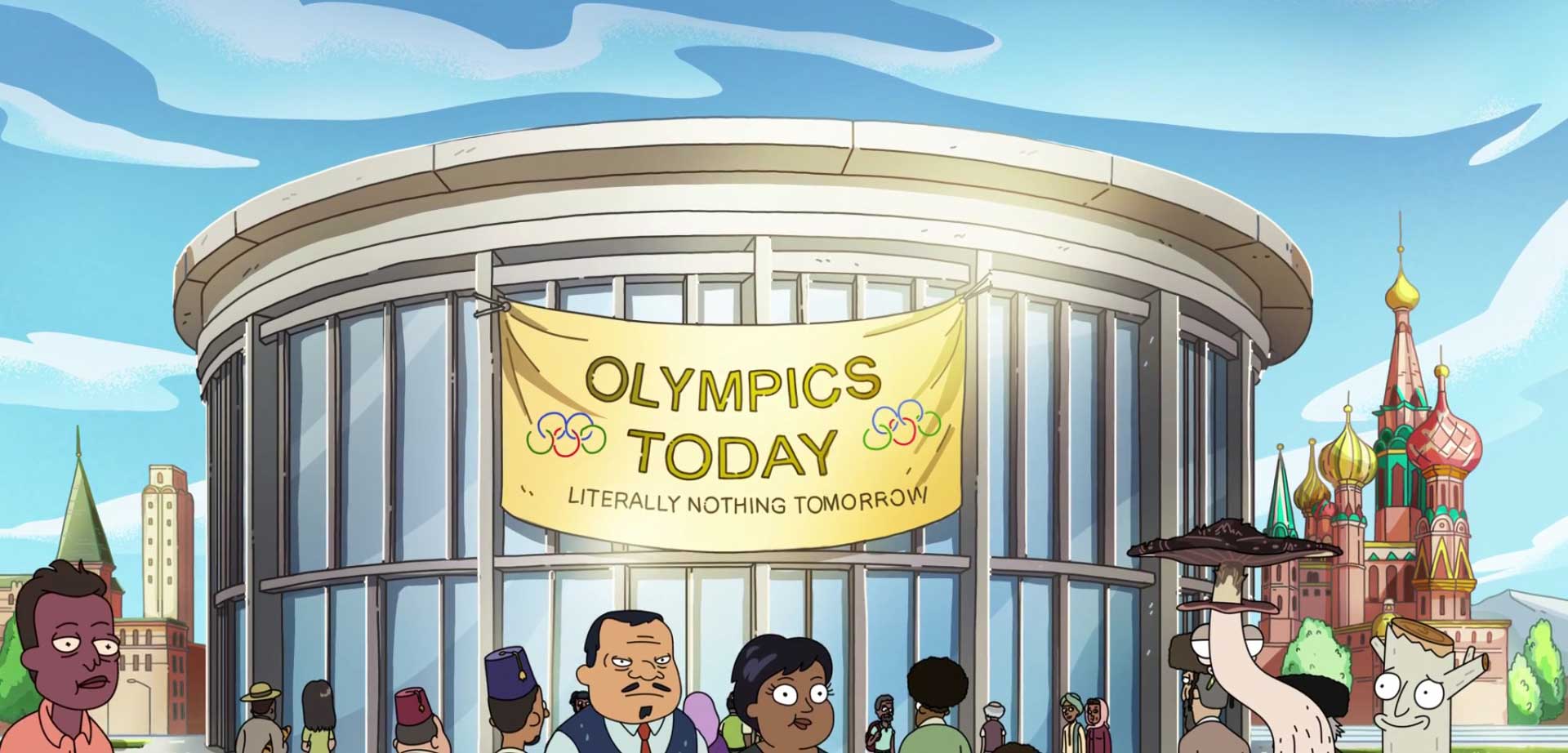 پارچه آویزان شده از دیوار ورزشگاه محل برگزاری مسابقات المپیک در سریال کمدی بزرگ سالانه Solar Opposites