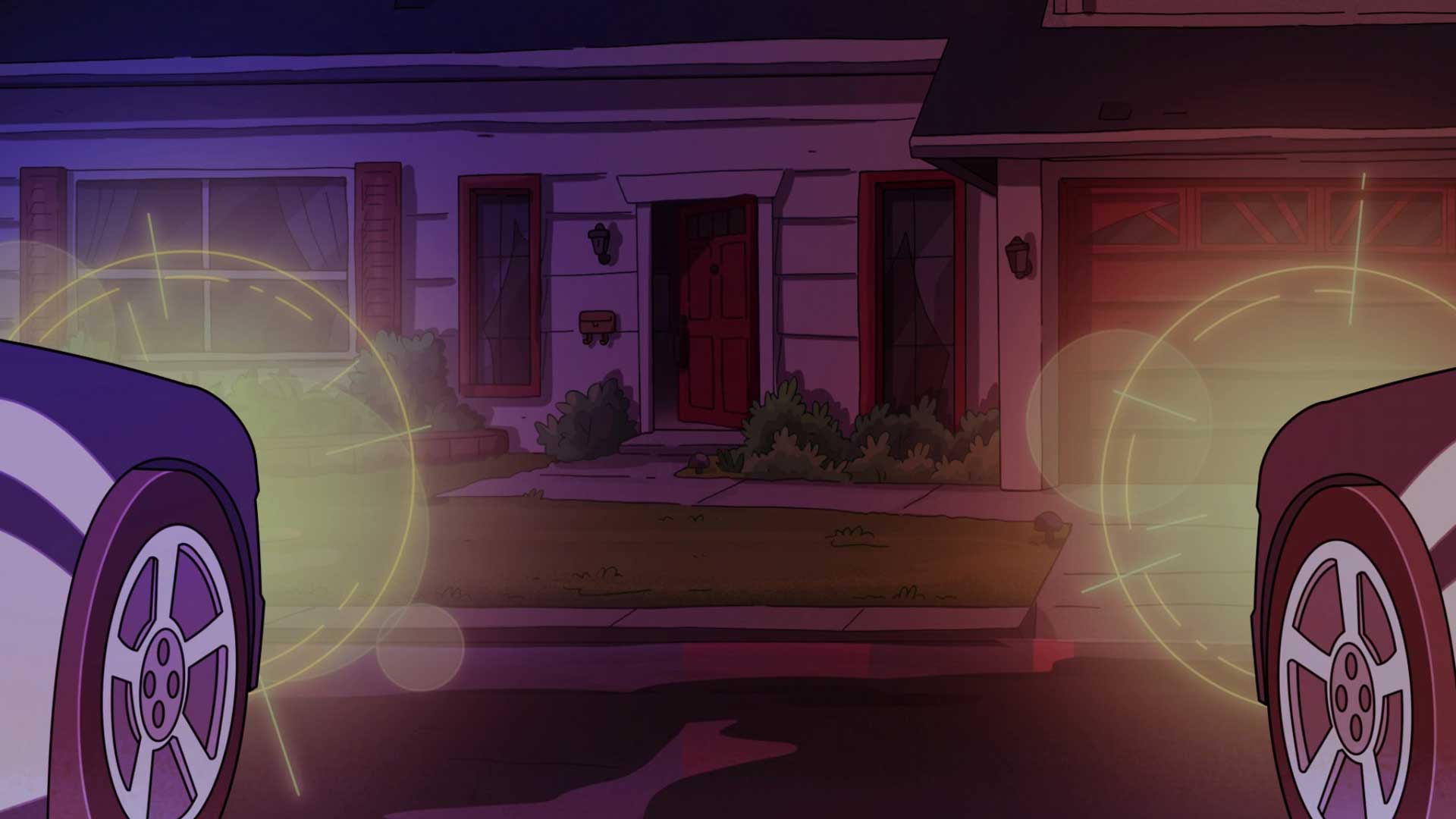 انیمیشن Solar Opposites و نور چراغ ماشین پلیس در مقابل خانه در شب