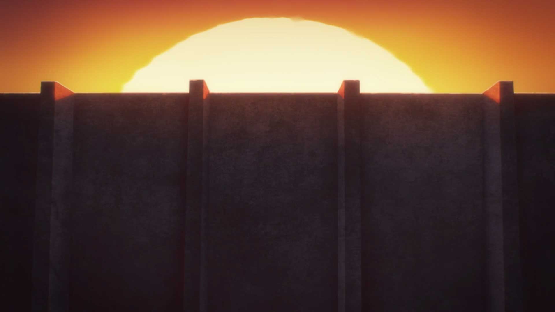 آفتاب در پشت دیوار بلند شهر در فصل آخر انیمه Attack on Titan