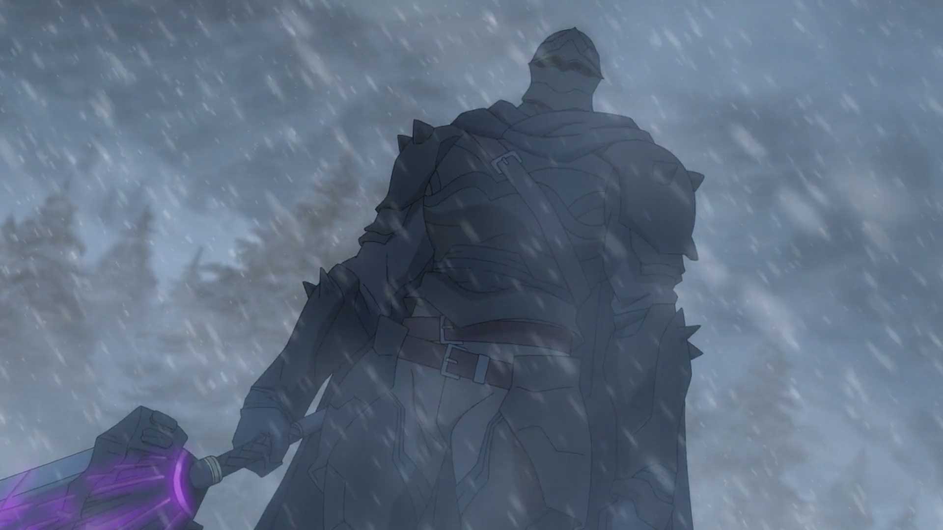 شوالیه اژدها با شمشیر بنفش عظیم زیر بارش برف در سریال Dota: Dragon's Blood