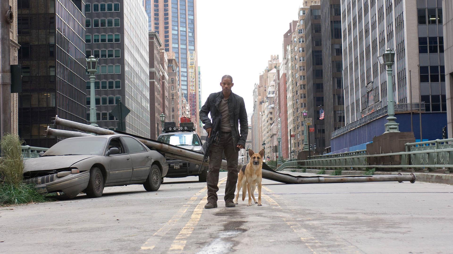 ویل اسمیت در نقش دکتر رابرت نویل و سم سگ او در یکی از خیابان‌های شهر نیویورک در فیلم i am legend