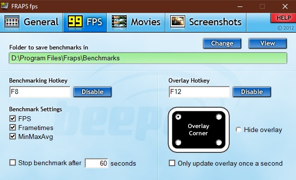 برنامه Fraps برای نمایش شمارنده فریم در بازی و گرفتن اسکرین شات و ضبط ویدیو
