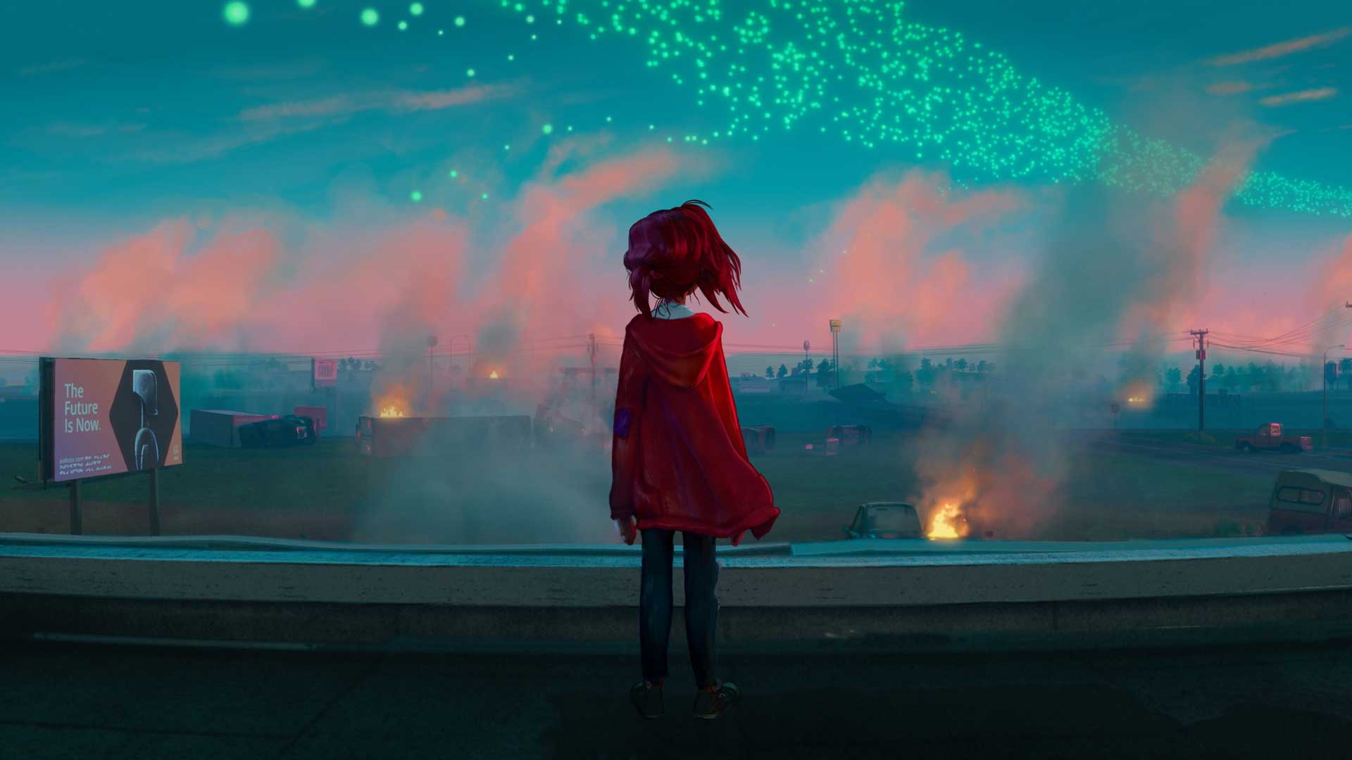 دختر تنها ایستاده روی پشت بام و مشغول نگاه به جهان ویران شده در انیمیشن میچل ها در برابر ماشین ها