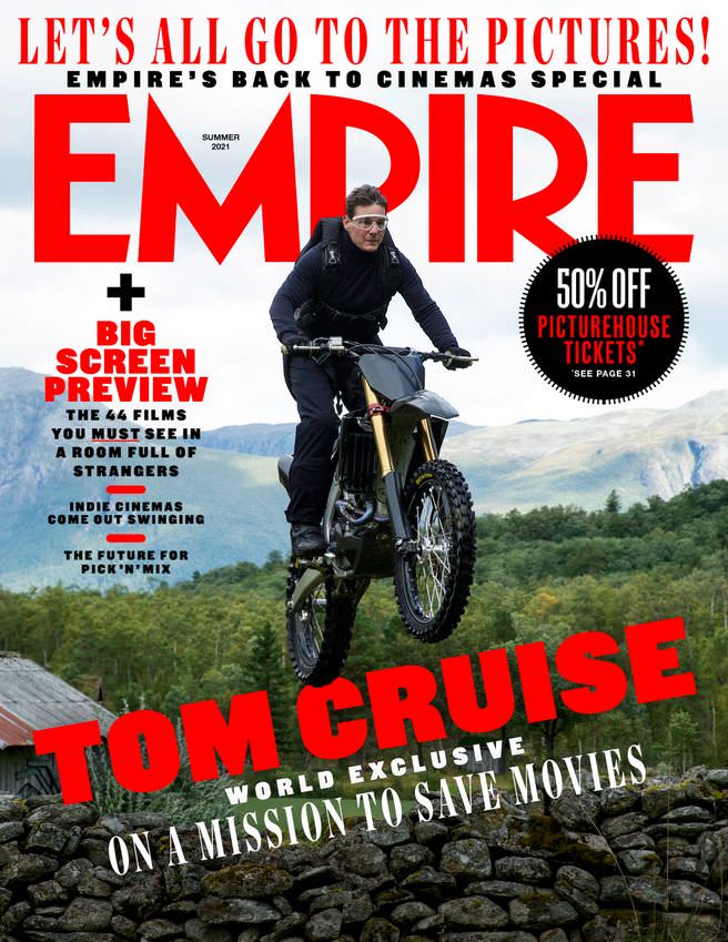 تام کروز در نقش ایتن هانت در حال موتوسواری در کاور مجله امپایر اختصاصی فیلم Mission Impossible 7