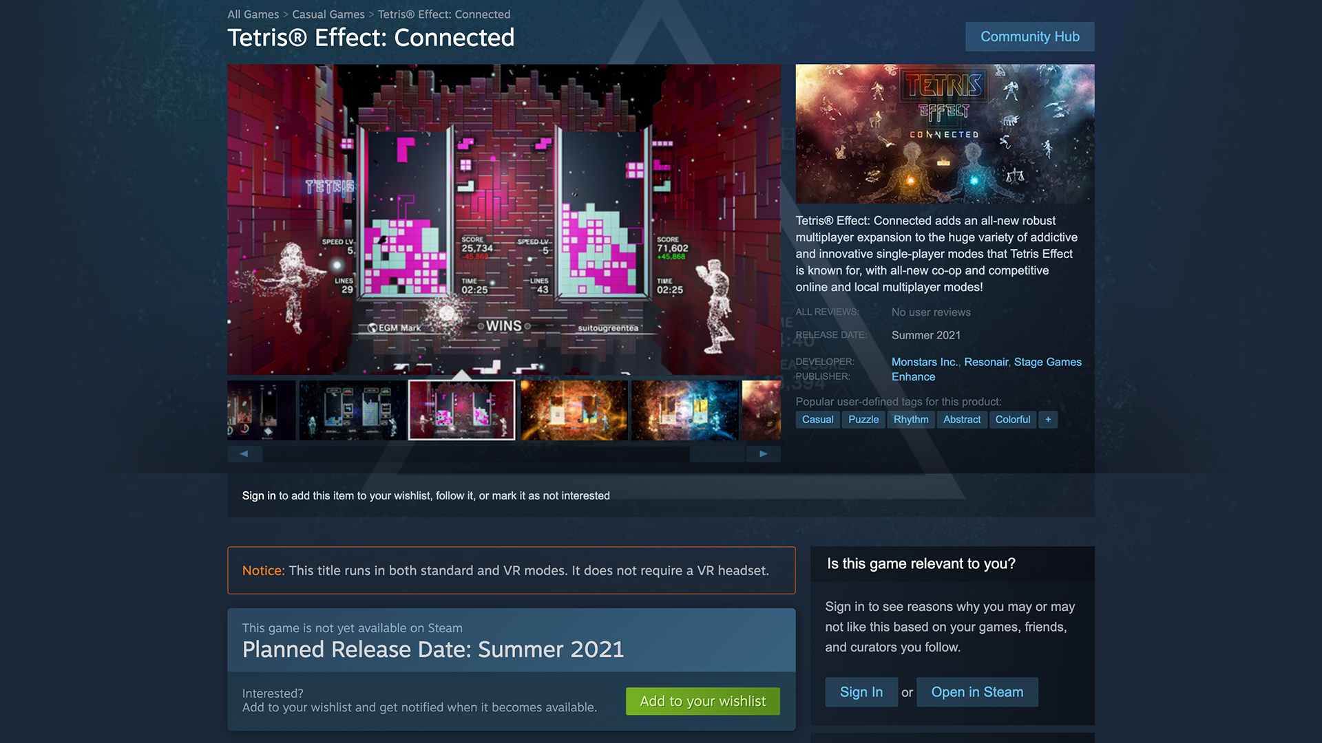 صفحه مربوط به بازی Tetris Effect: Connected در فروشگاه استیم