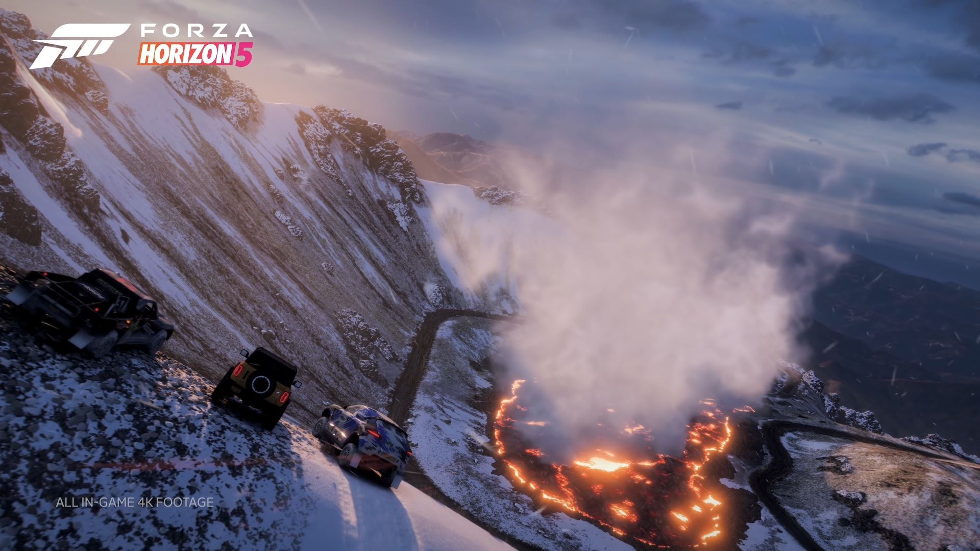 ماشین‌ها در کنار منظره آتشفشانی در بازی Forza Horizon 5