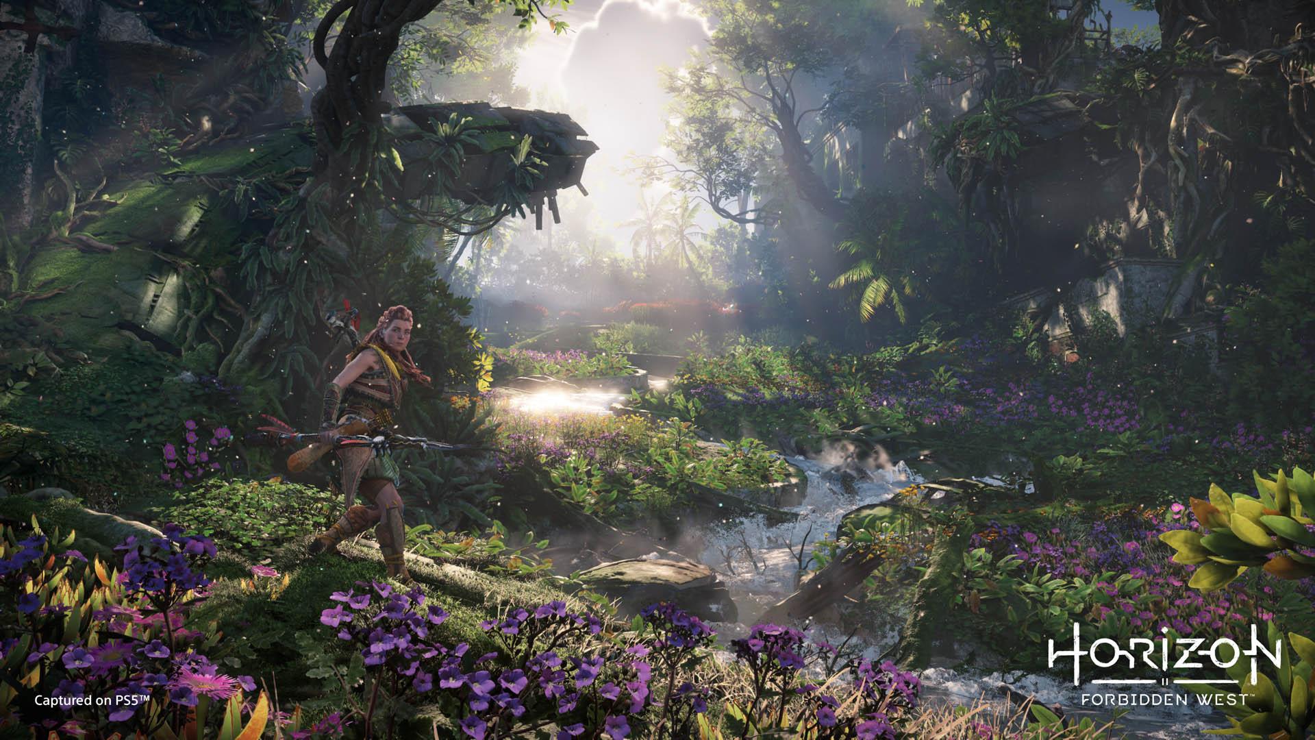 ایلوی در کنار رودخانه و گل‌ها در بازی Horizon Forbidden West