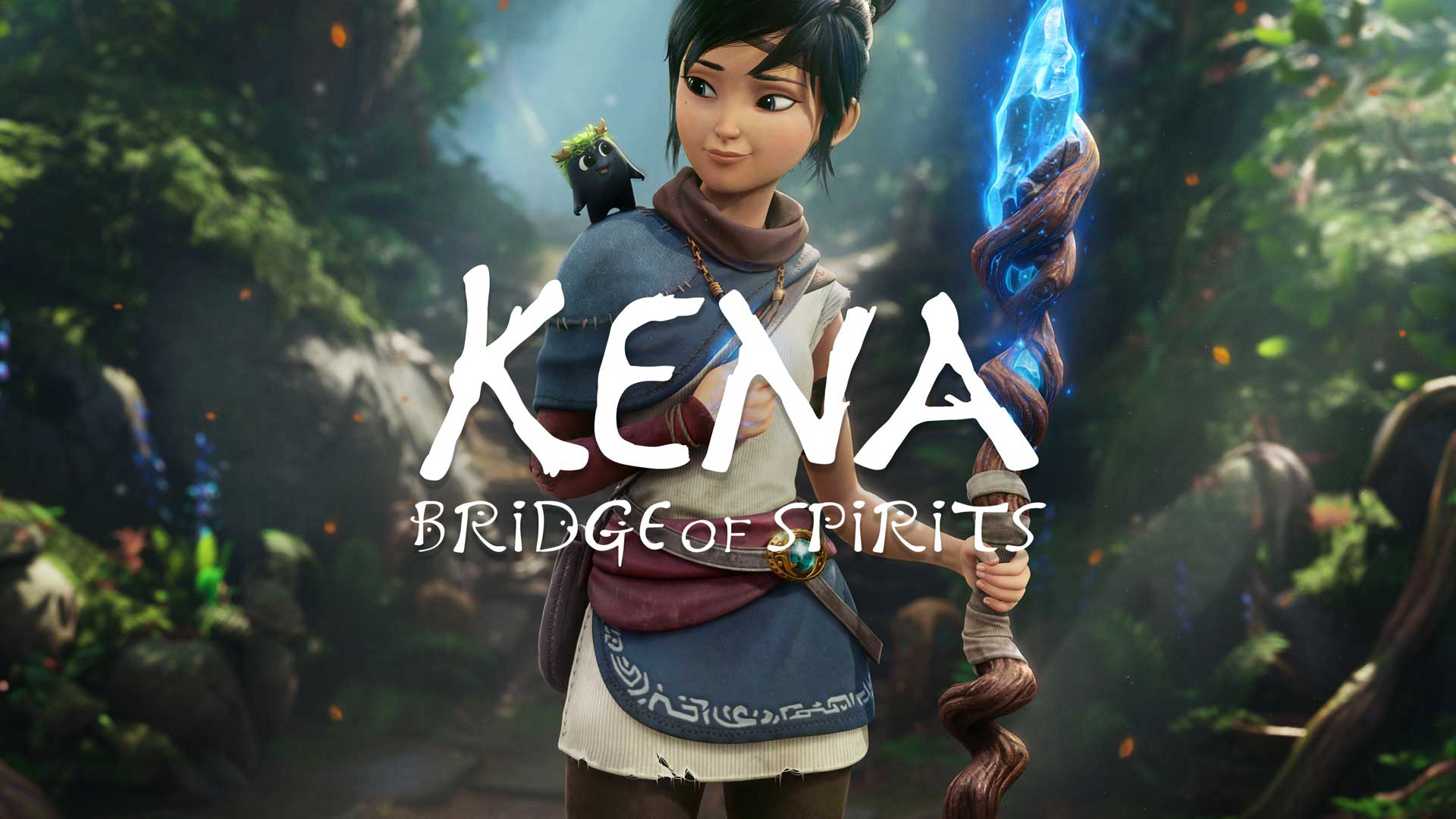 لبخند شخصیت دختر با عصای جادویی مشغول نگاه به موجود بامزه کوچک بازی مستقل Kena Bridge of Spirits پلی استیشن و پی سی