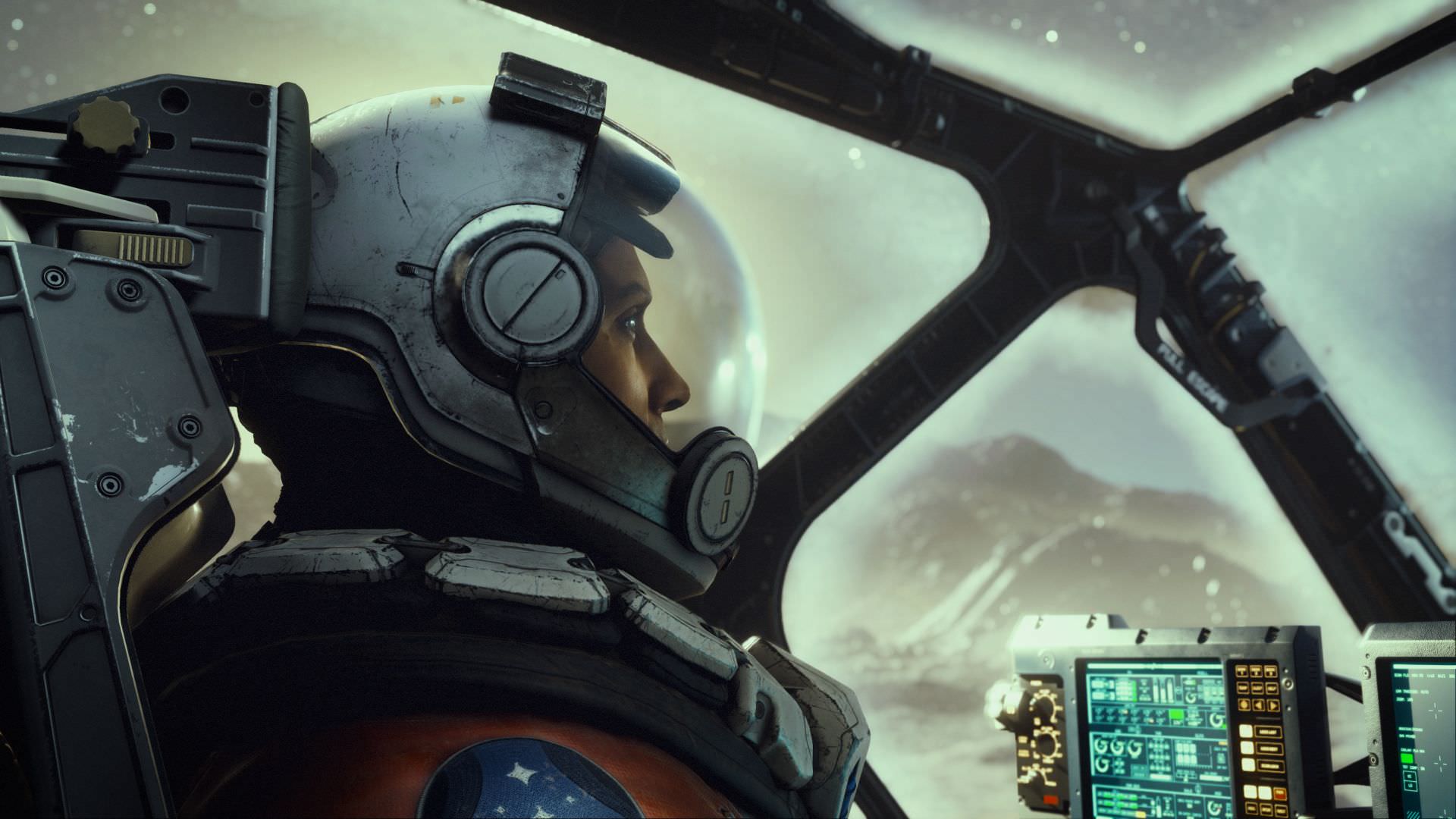 یکی از کاراکترهای بازی Starfield نشسته در یک سفینه فضایی