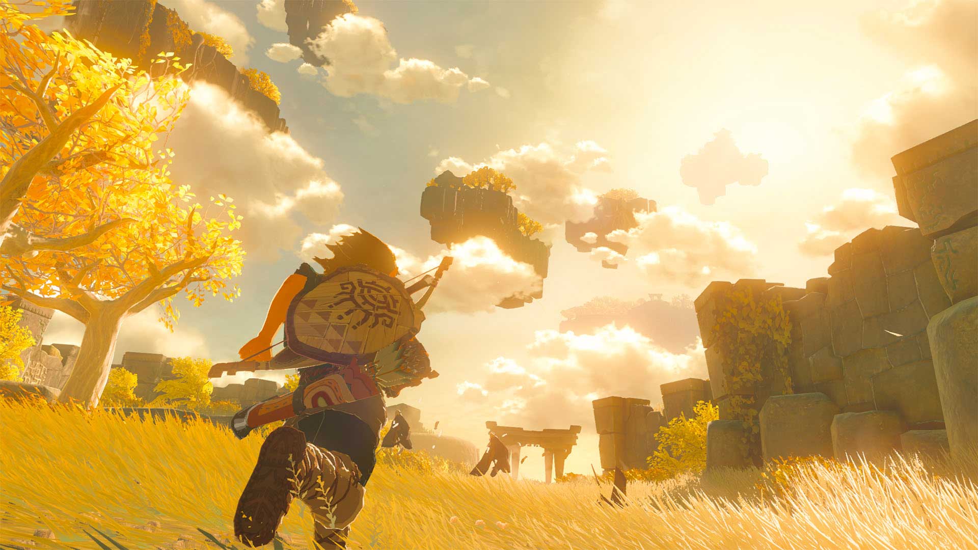 لینک در حال دویدن زیر آفتاب و ابرهای آسمان در دنباله بازی The Legend of Zelda: Breath of the Wild نینتندو